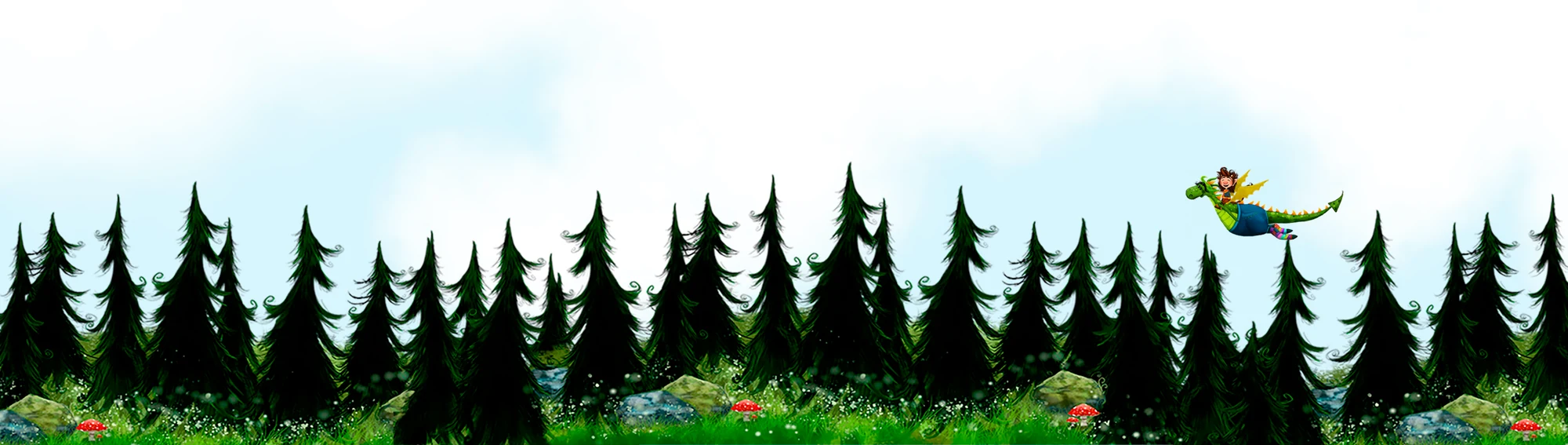 Pomenia's spruce forest with a rider on a little dragon, original illustration by Petronella Grahn